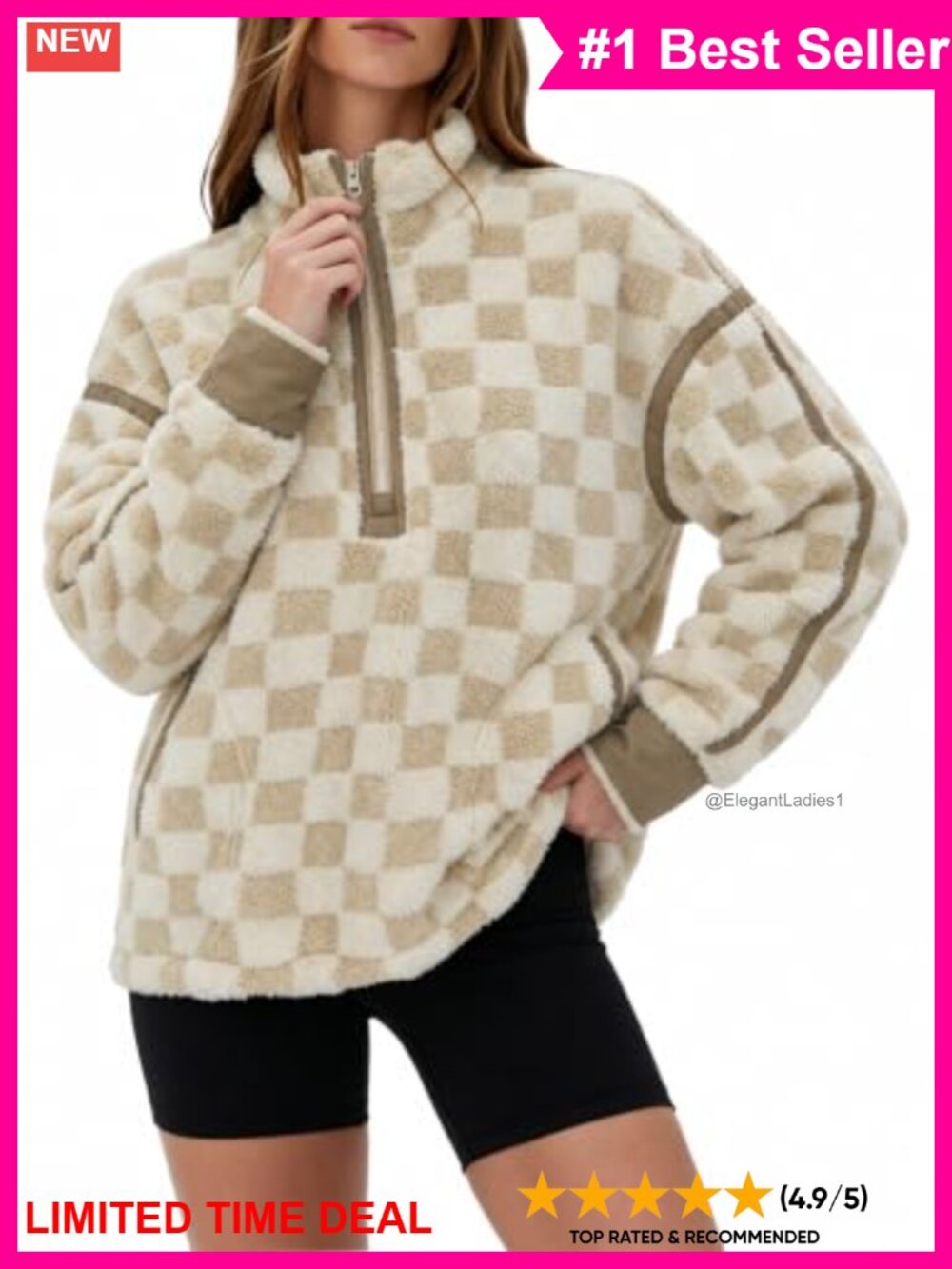 Sherpa Fleece Half-Zip Pullover Relaxed Fit Checkerboard Stand Collar